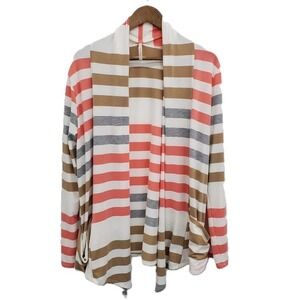 Womens L Coral Tan Stripe Cardigan Casual Layering Lightweight Open Front Knit